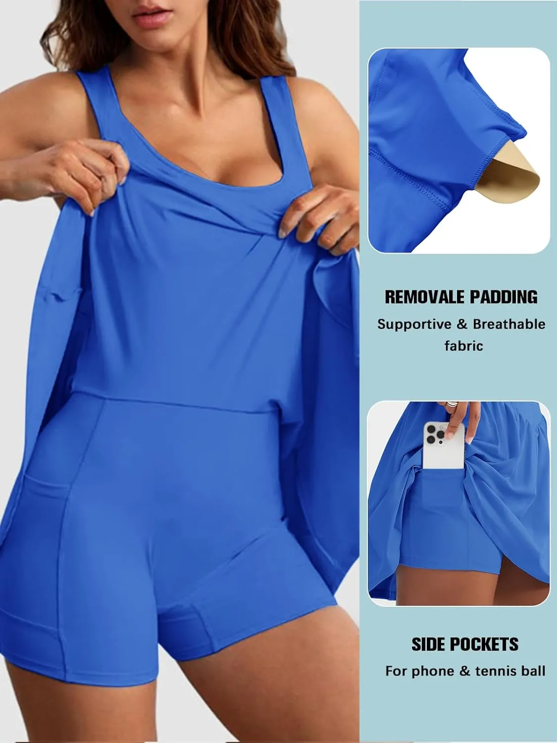 Sexyasasii Women's Summer Athletic Tennis Dress with Built in Shorts and Bra Square Neck Workout Exercise Active Golf Dresses