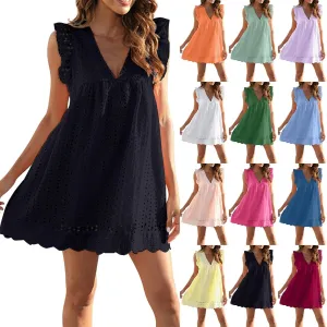 SHAOBGE Sundresses for Women Trendy 2024 Women's Lace Jacquard Cutout Pocket Liner Shorts V Neck Plus Size
