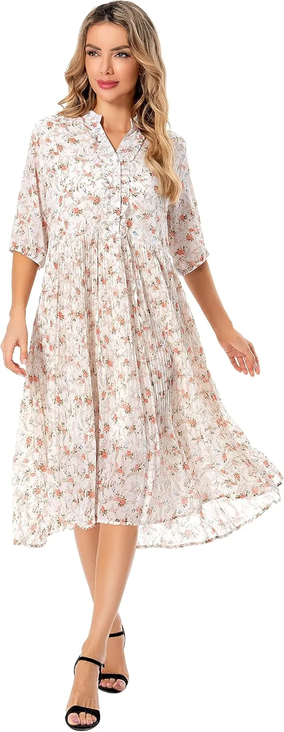 Shineflow Women's Short Sleeve V-Neck 3/4 Sleeve Button Up Chiffon Floral Pleated Midi Swing Dress with Belt