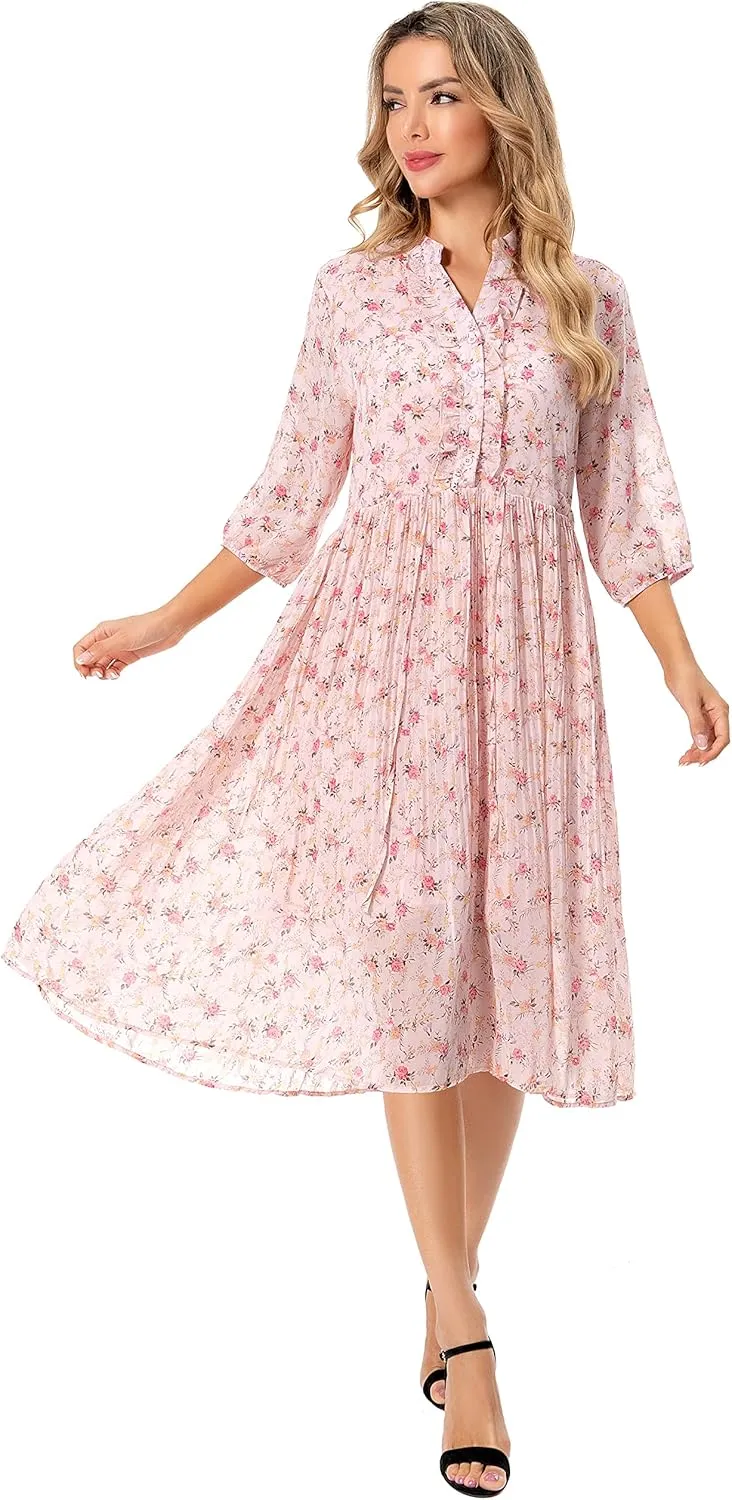 Shineflow Women's Short Sleeve V-Neck 3/4 Sleeve Button Up Chiffon Floral Pleated Midi Swing Dress with Belt
