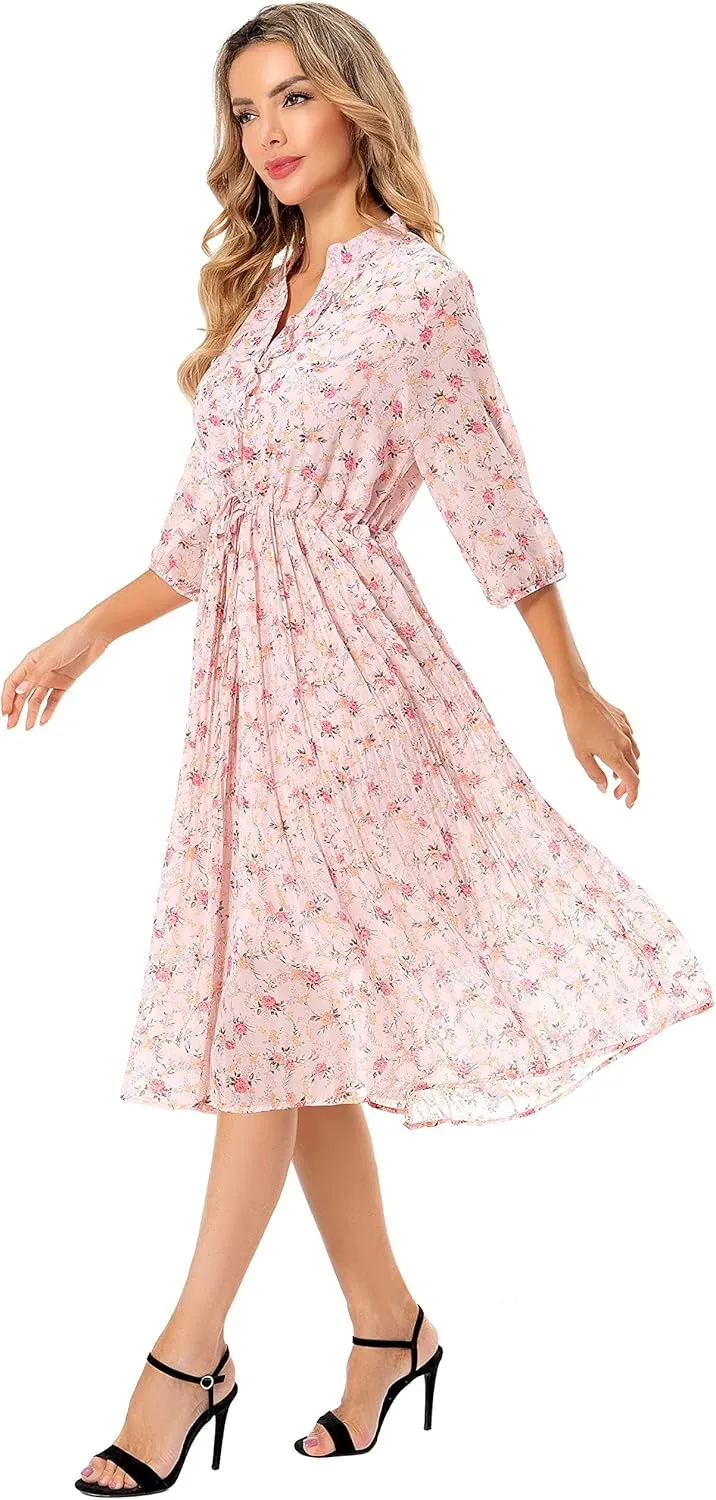 Shineflow Women's Short Sleeve V-Neck 3/4 Sleeve Button Up Chiffon Floral Pleated Midi Swing Dress with Belt