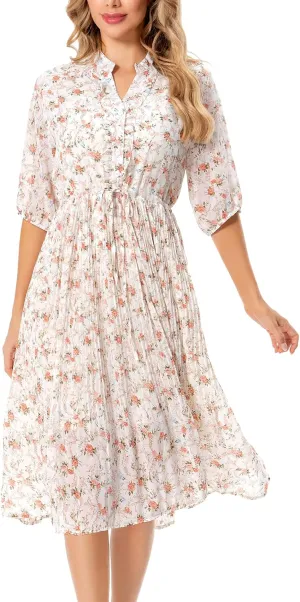 Shineflow Women's Short Sleeve V-Neck 3/4 Sleeve Button Up Chiffon Floral Pleated Midi Swing Dress with Belt