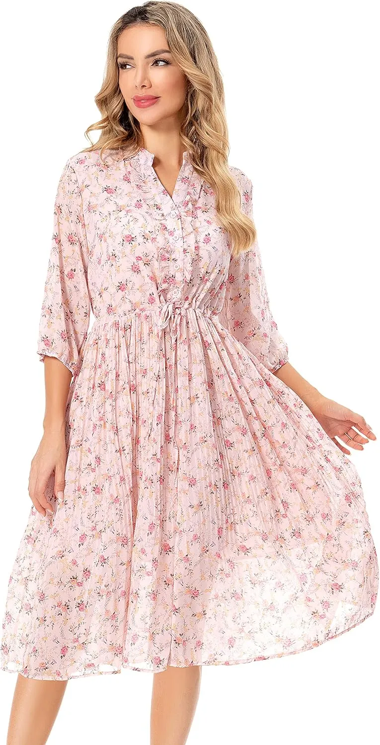 Shineflow Women's Short Sleeve V-Neck 3/4 Sleeve Button Up Chiffon Floral Pleated Midi Swing Dress with Belt