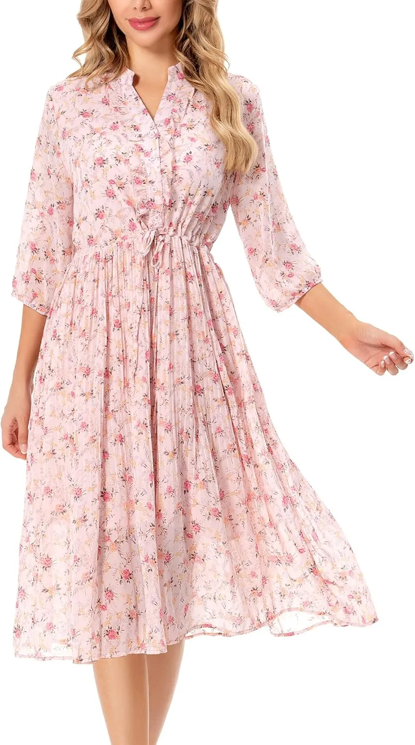 Shineflow Women's Short Sleeve V-Neck 3/4 Sleeve Button Up Chiffon Floral Pleated Midi Swing Dress with Belt