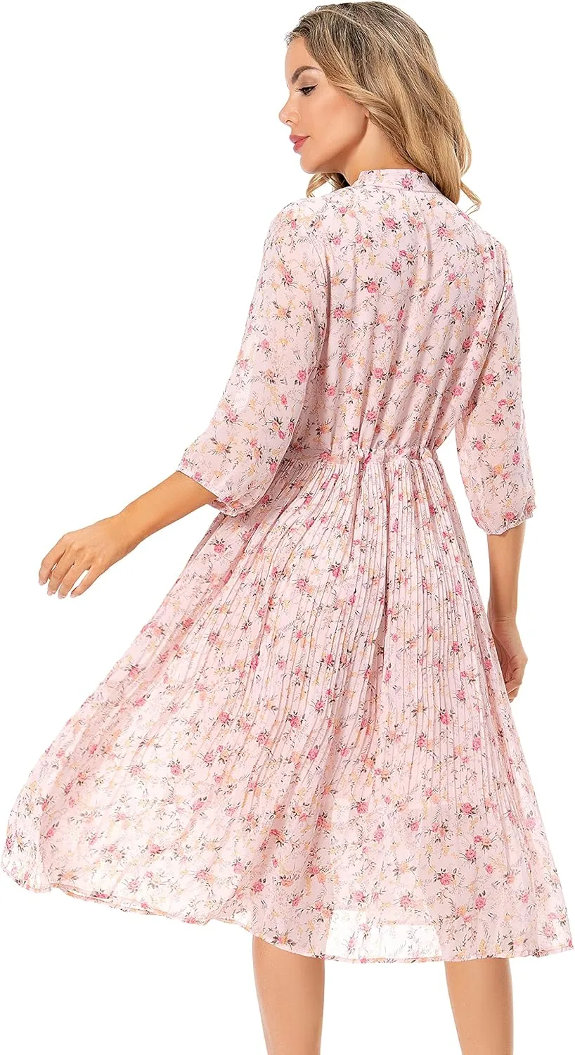 Shineflow Women's Short Sleeve V-Neck 3/4 Sleeve Button Up Chiffon Floral Pleated Midi Swing Dress with Belt