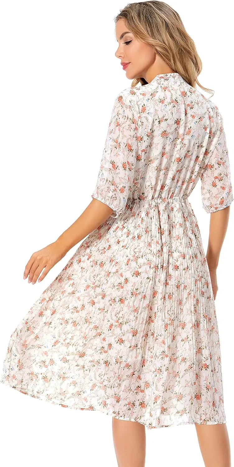 Shineflow Women's Short Sleeve V-Neck 3/4 Sleeve Button Up Chiffon Floral Pleated Midi Swing Dress with Belt