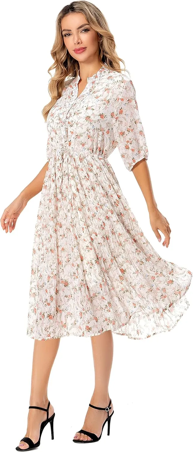 Shineflow Women's Short Sleeve V-Neck 3/4 Sleeve Button Up Chiffon Floral Pleated Midi Swing Dress with Belt