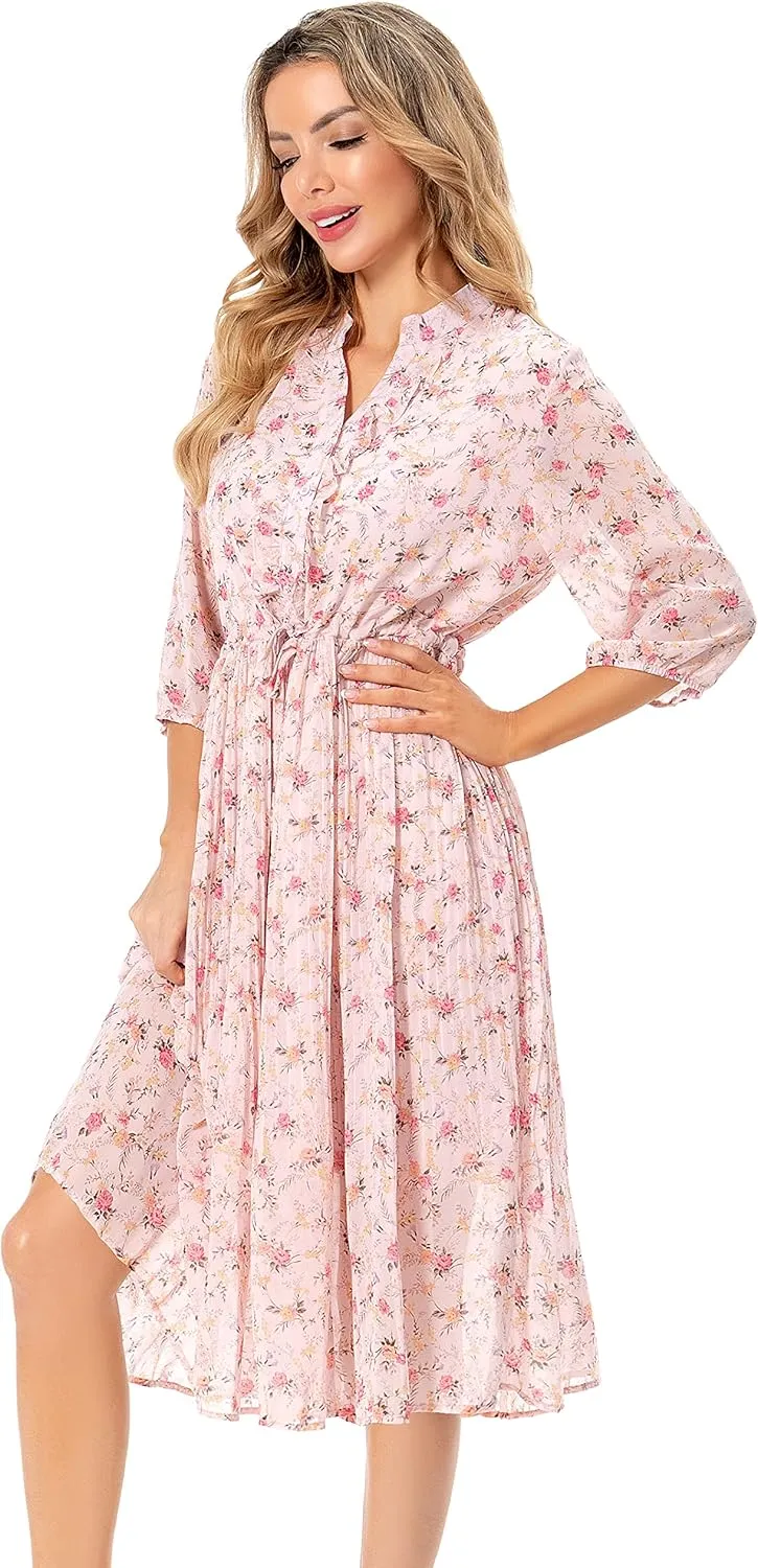 Shineflow Women's Short Sleeve V-Neck 3/4 Sleeve Button Up Chiffon Floral Pleated Midi Swing Dress with Belt
