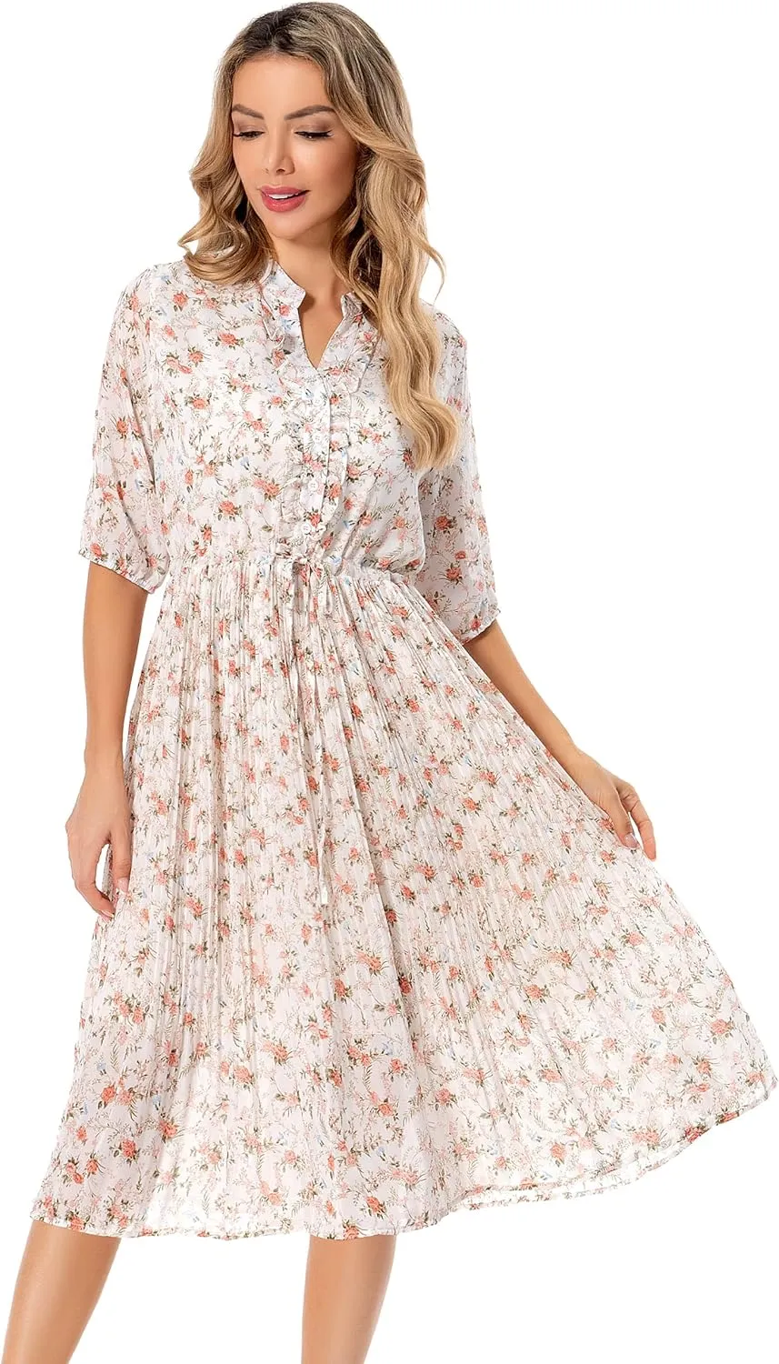 Shineflow Women's Short Sleeve V-Neck 3/4 Sleeve Button Up Chiffon Floral Pleated Midi Swing Dress with Belt