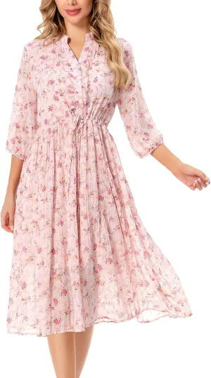Shineflow Women's Short Sleeve V-Neck 3/4 Sleeve Button Up Chiffon Floral Pleated Midi Swing Dress with Belt