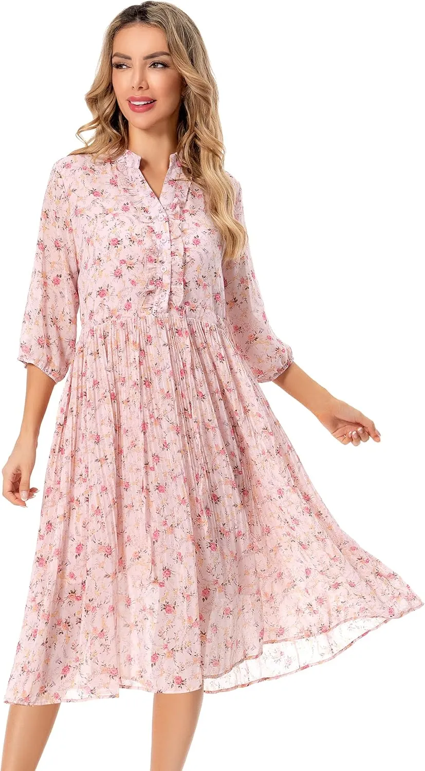 Shineflow Women's Short Sleeve V-Neck 3/4 Sleeve Button Up Chiffon Floral Pleated Midi Swing Dress with Belt
