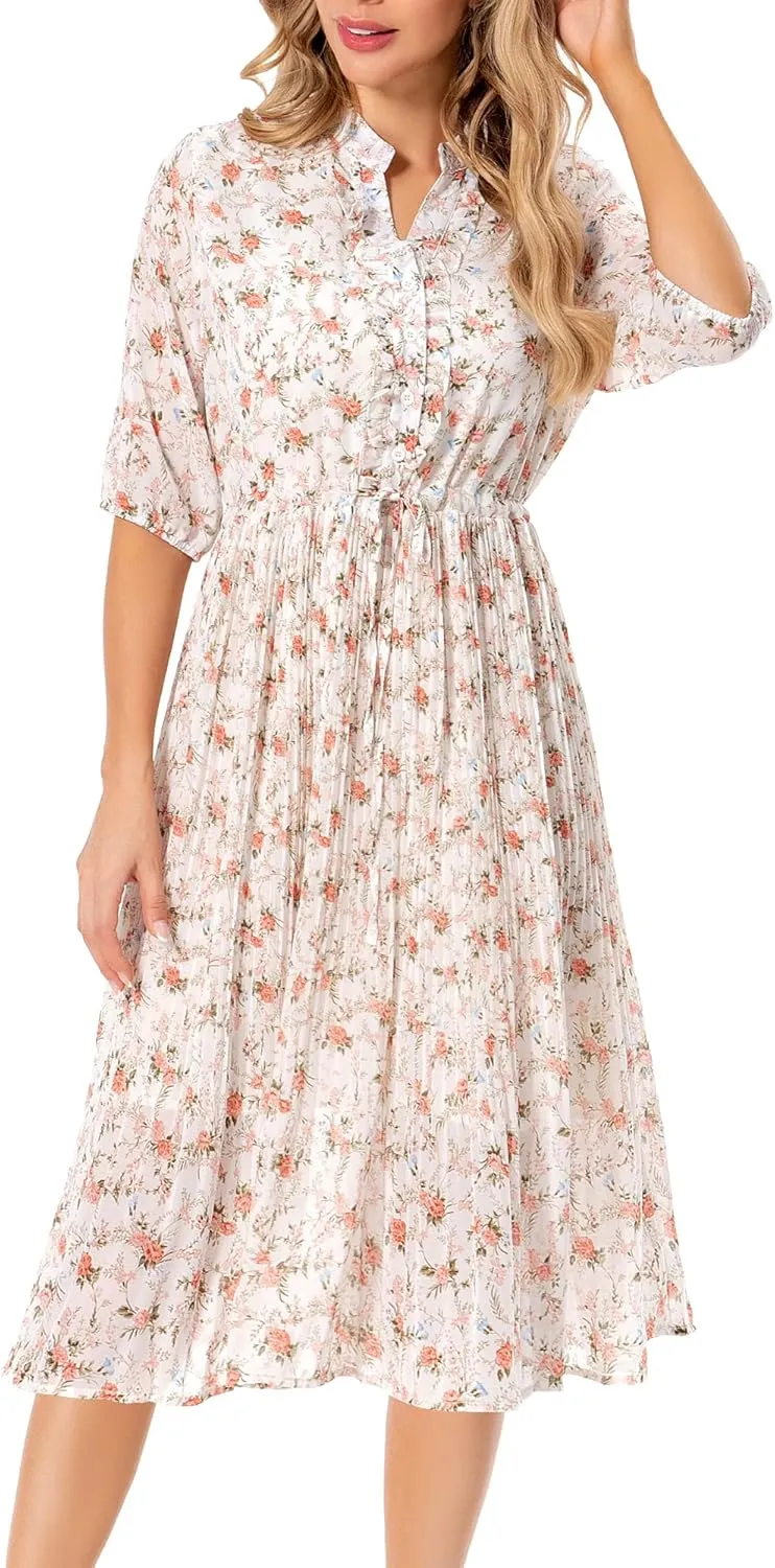 Shineflow Women's Short Sleeve V-Neck 3/4 Sleeve Button Up Chiffon Floral Pleated Midi Swing Dress with Belt
