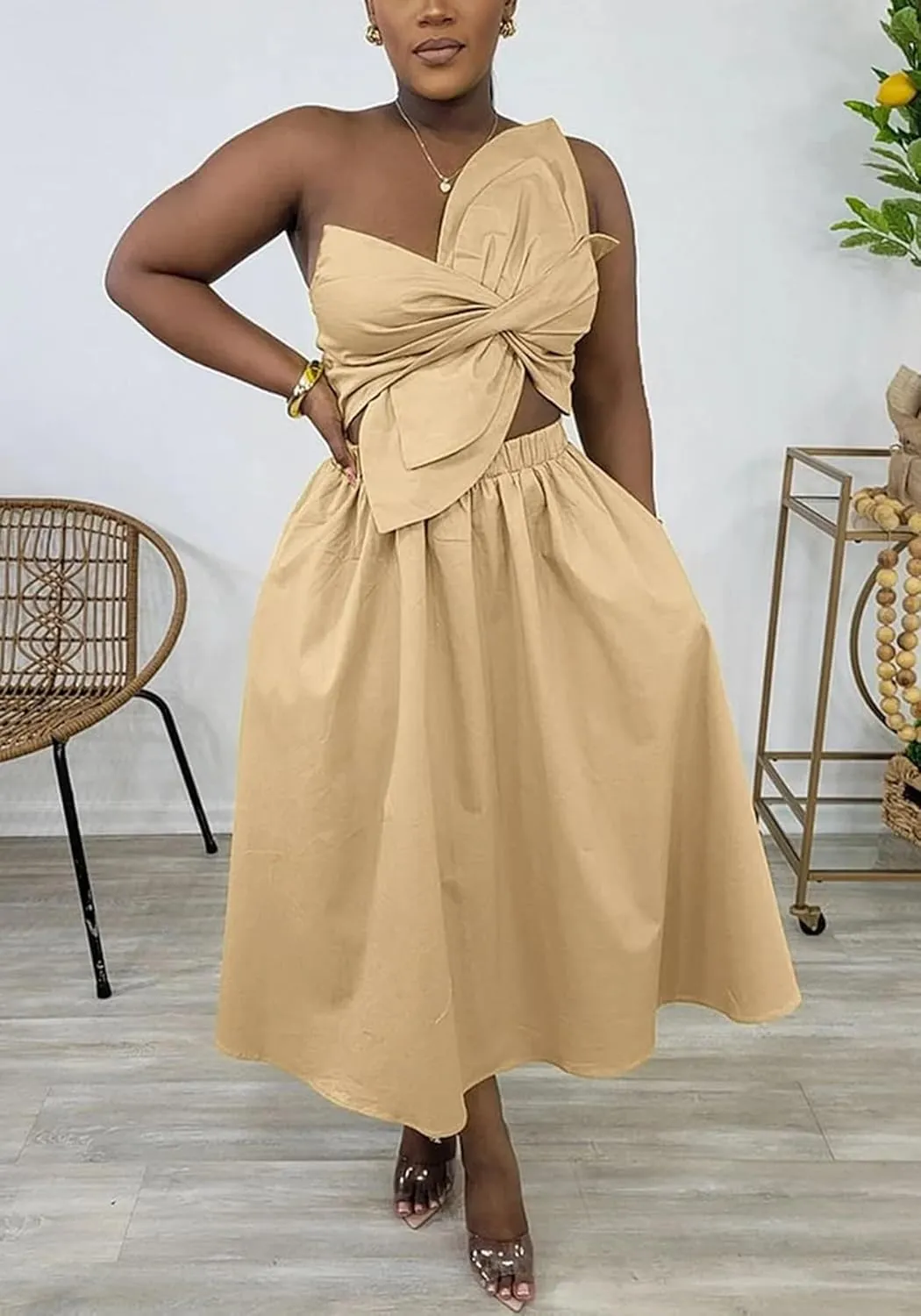 SHINFY Women's Summer One Shoulder Long Midi Dress Spaghetti Strap Cutout Smocked Wrap Top Flowy Beach Sundress