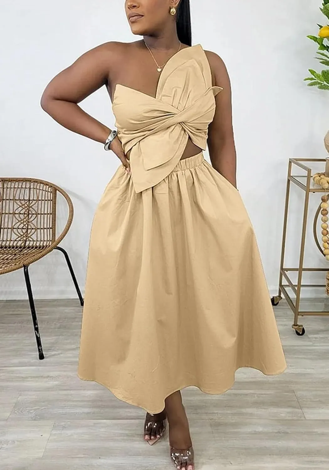 SHINFY Women's Summer One Shoulder Long Midi Dress Spaghetti Strap Cutout Smocked Wrap Top Flowy Beach Sundress