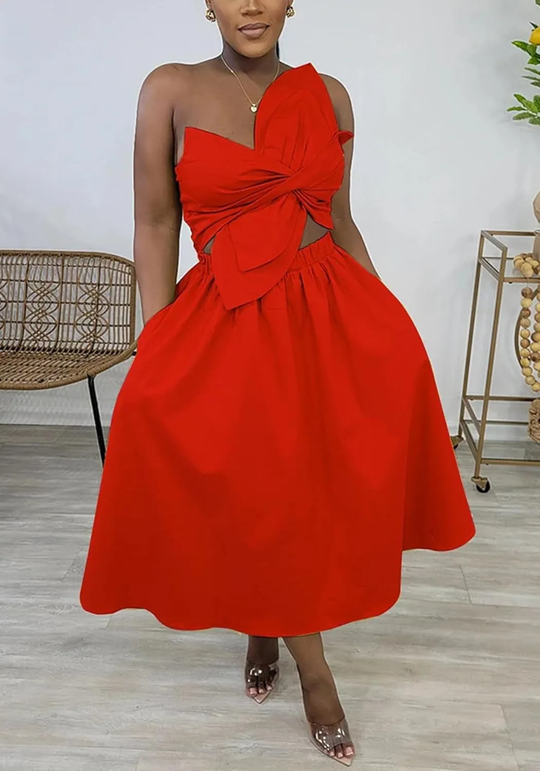 SHINFY Women's Summer One Shoulder Long Midi Dress Spaghetti Strap Cutout Smocked Wrap Top Flowy Beach Sundress