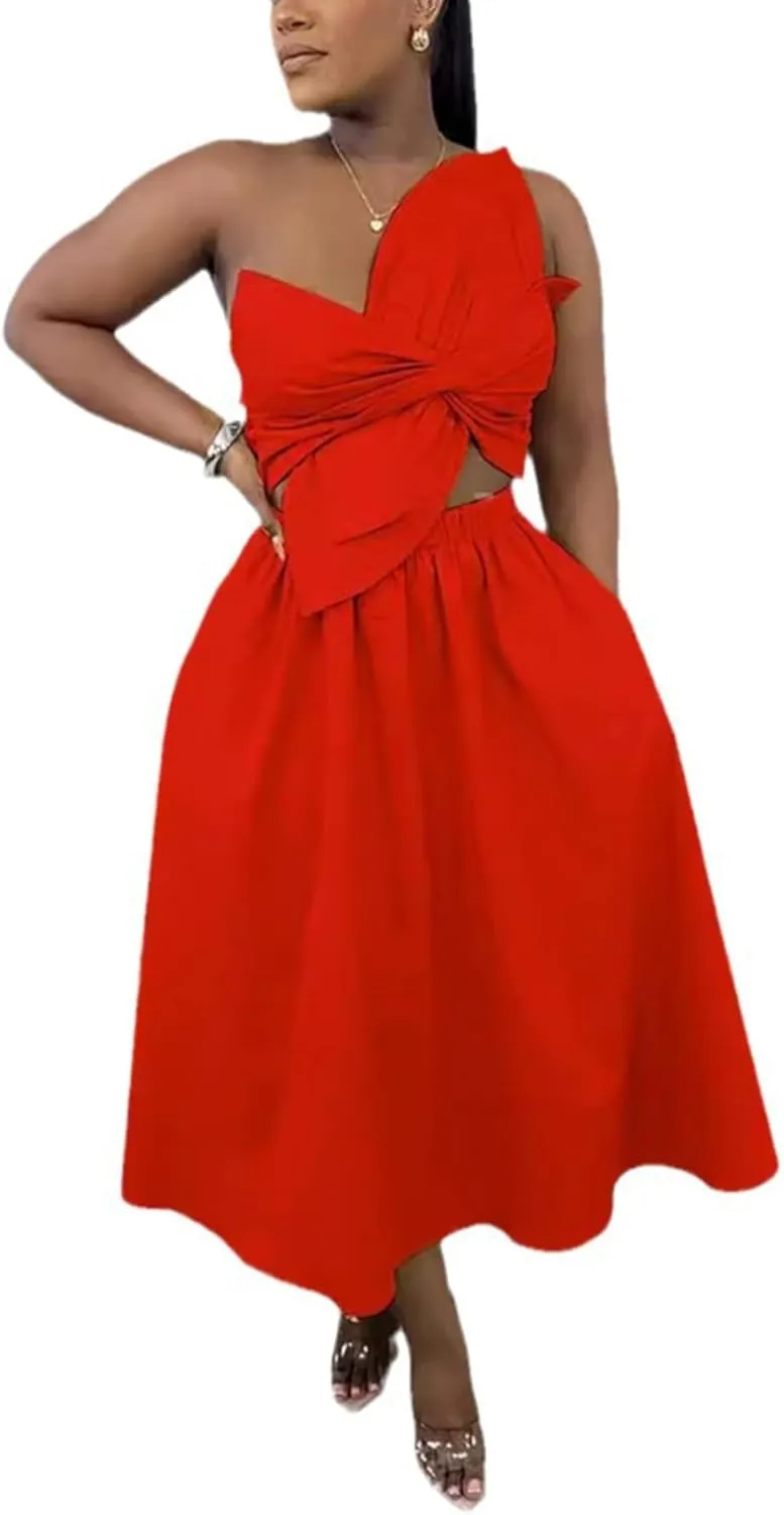 SHINFY Women's Summer One Shoulder Long Midi Dress Spaghetti Strap Cutout Smocked Wrap Top Flowy Beach Sundress