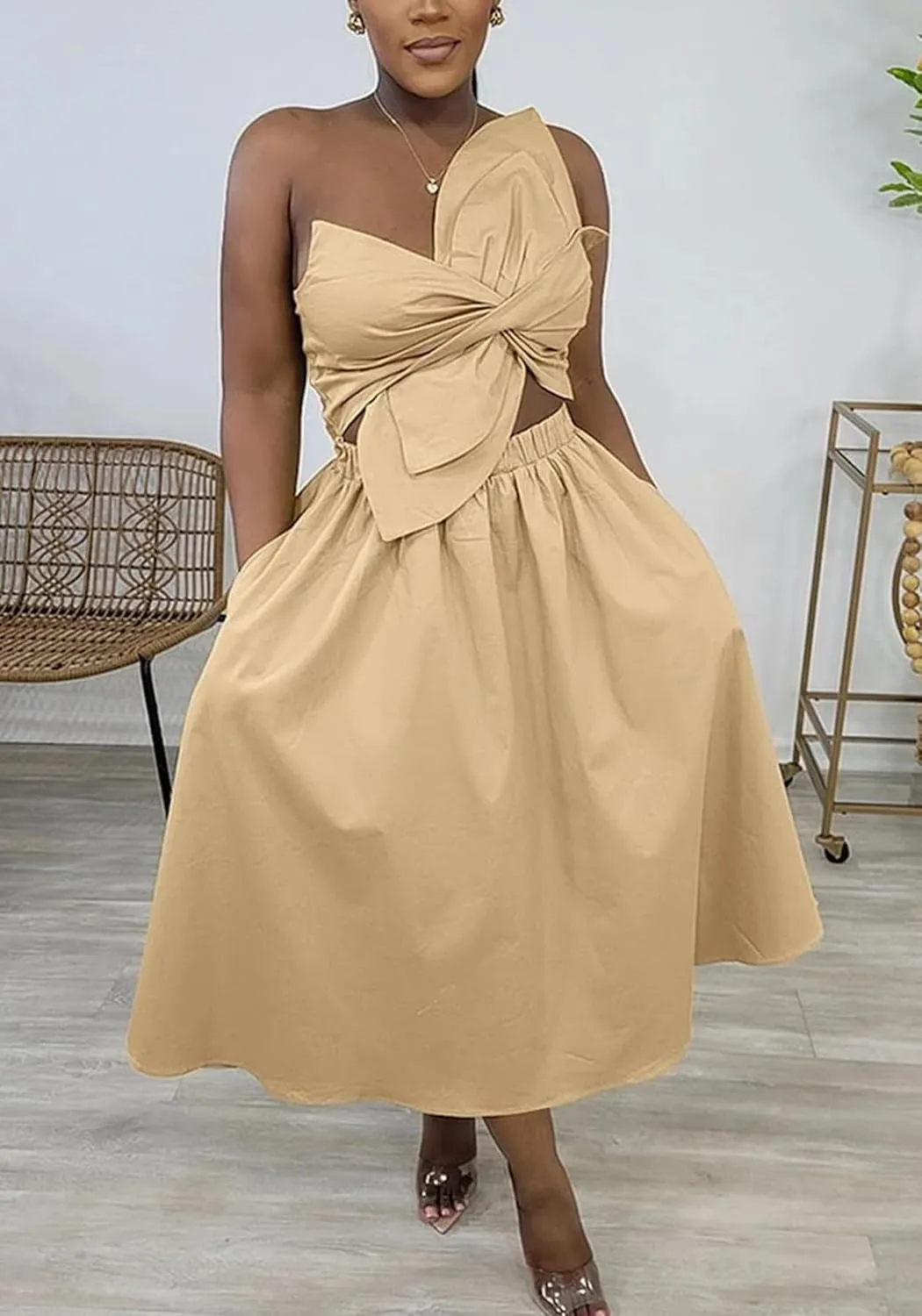 SHINFY Women's Summer One Shoulder Long Midi Dress Spaghetti Strap Cutout Smocked Wrap Top Flowy Beach Sundress