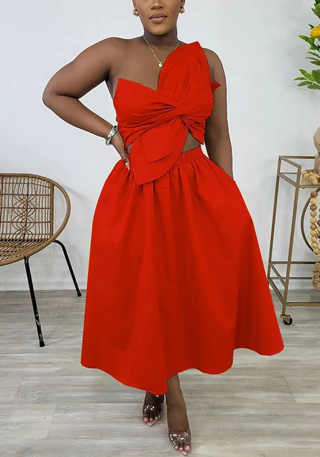 SHINFY Women's Summer One Shoulder Long Midi Dress Spaghetti Strap Cutout Smocked Wrap Top Flowy Beach Sundress