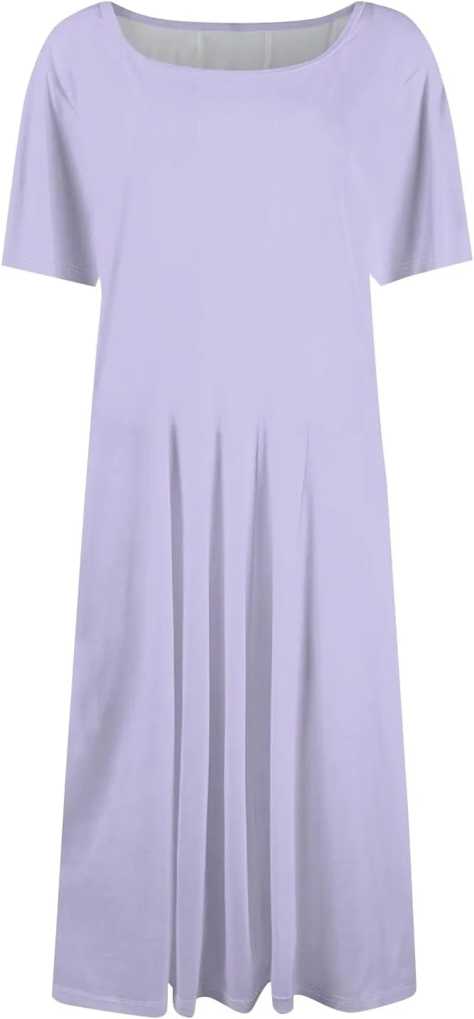 Shirt Dresses for Women Spring Midi Dresses Short Sleeve Dress Crew Neck A Line Elegant Dress with Pocket