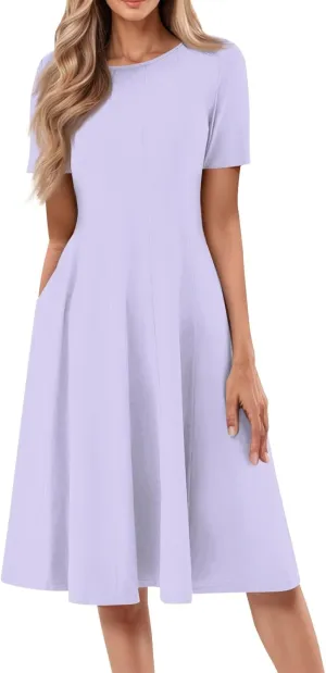 Shirt Dresses for Women Spring Midi Dresses Short Sleeve Dress Crew Neck A Line Elegant Dress with Pocket