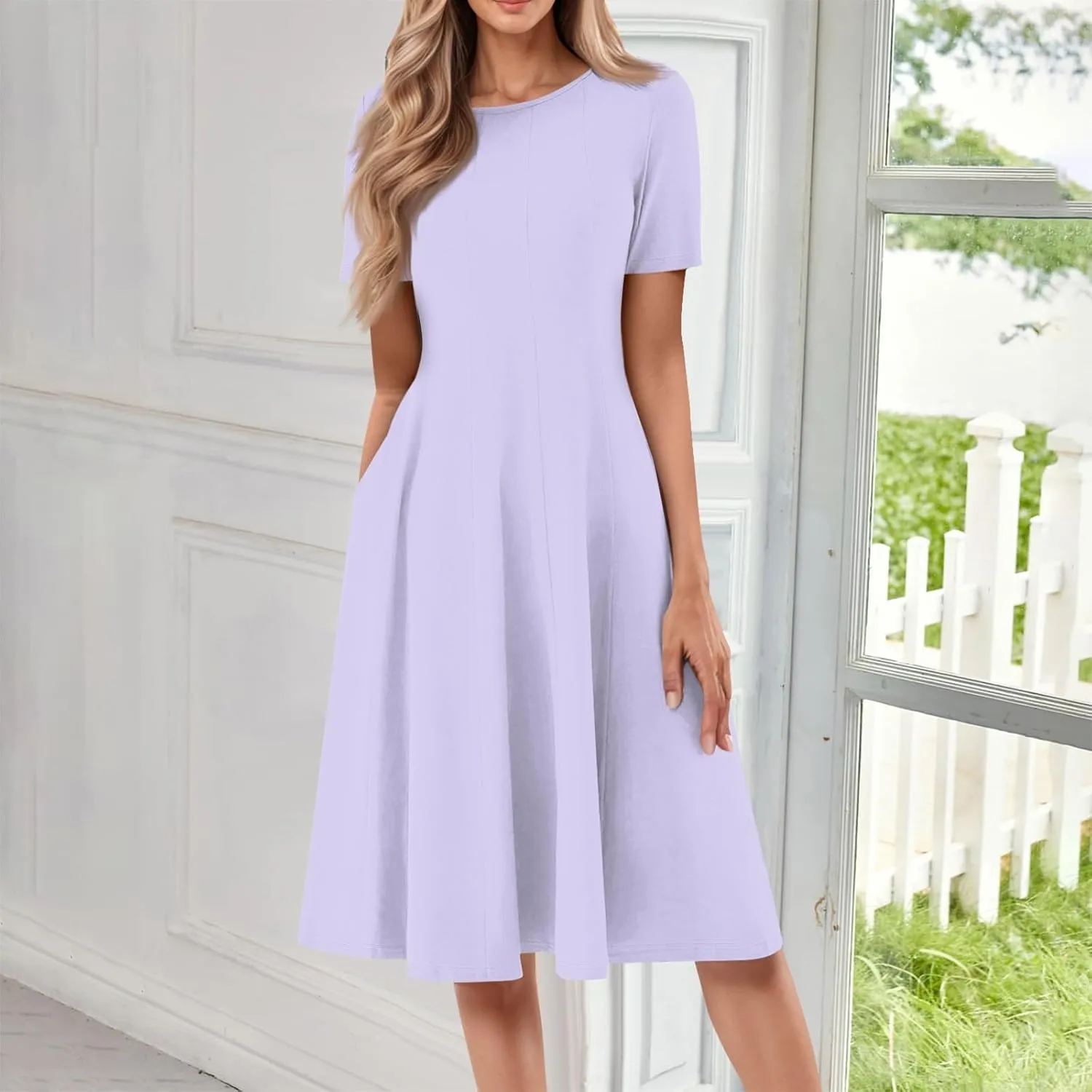 Shirt Dresses for Women Spring Midi Dresses Short Sleeve Dress Crew Neck A Line Elegant Dress with Pocket