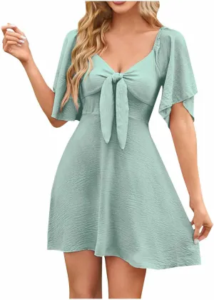 Short Sleeve Dress for Women Dressy Casual Classic Summer Beach Sundress Ladies Soft Tie Front V Neck Mini Dress