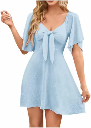 Short Sleeve Dress for Women Dressy Casual Classic Summer Beach Sundress Ladies Soft Tie Front V Neck Mini Dress