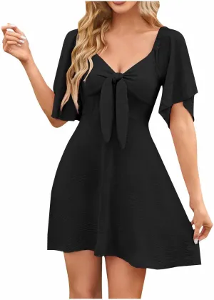 Short Sleeve Dress for Women Dressy Casual Classic Summer Beach Sundress Ladies Soft Tie Front V Neck Mini Dress