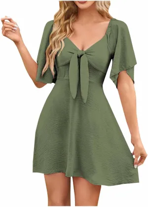 Short Sleeve Dress for Women Dressy Casual Classic Summer Beach Sundress Ladies Soft Tie Front V Neck Mini Dress