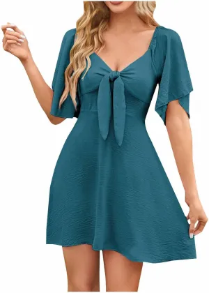 Short Sleeve Dress for Women Dressy Casual Classic Summer Beach Sundress Ladies Soft Tie Front V Neck Mini Dress
