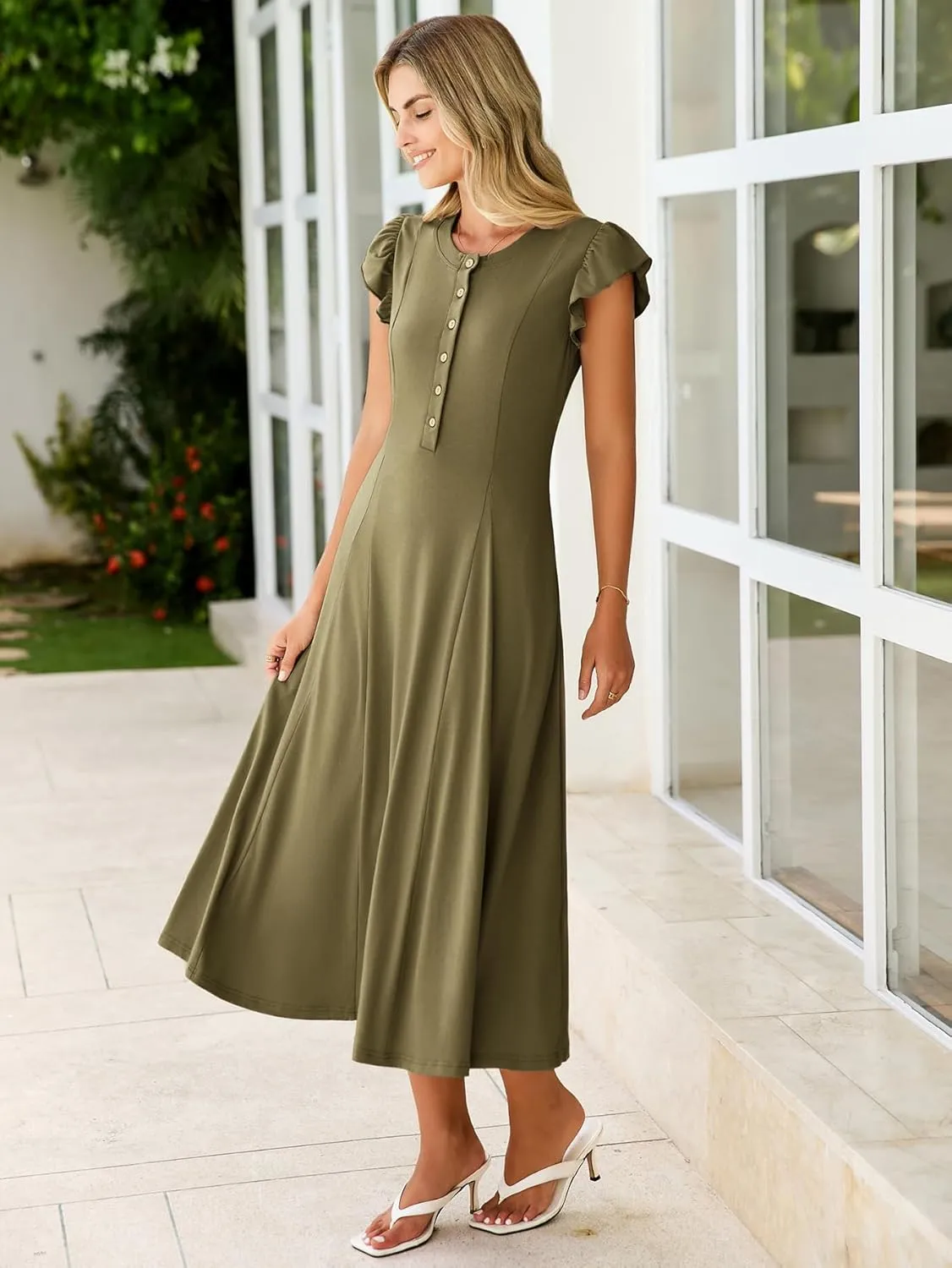 Simplee Womens Summer Casual Dress - Short Sleeve Button Crewneck A-Line Flowy Fit and Flare Beach Midi Dress