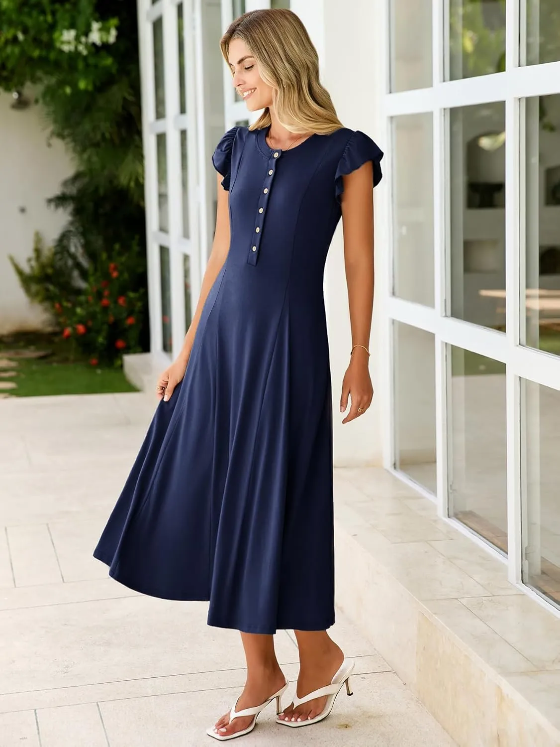 Simplee Womens Summer Casual Dress - Short Sleeve Button Crewneck A-Line Flowy Fit and Flare Beach Midi Dress