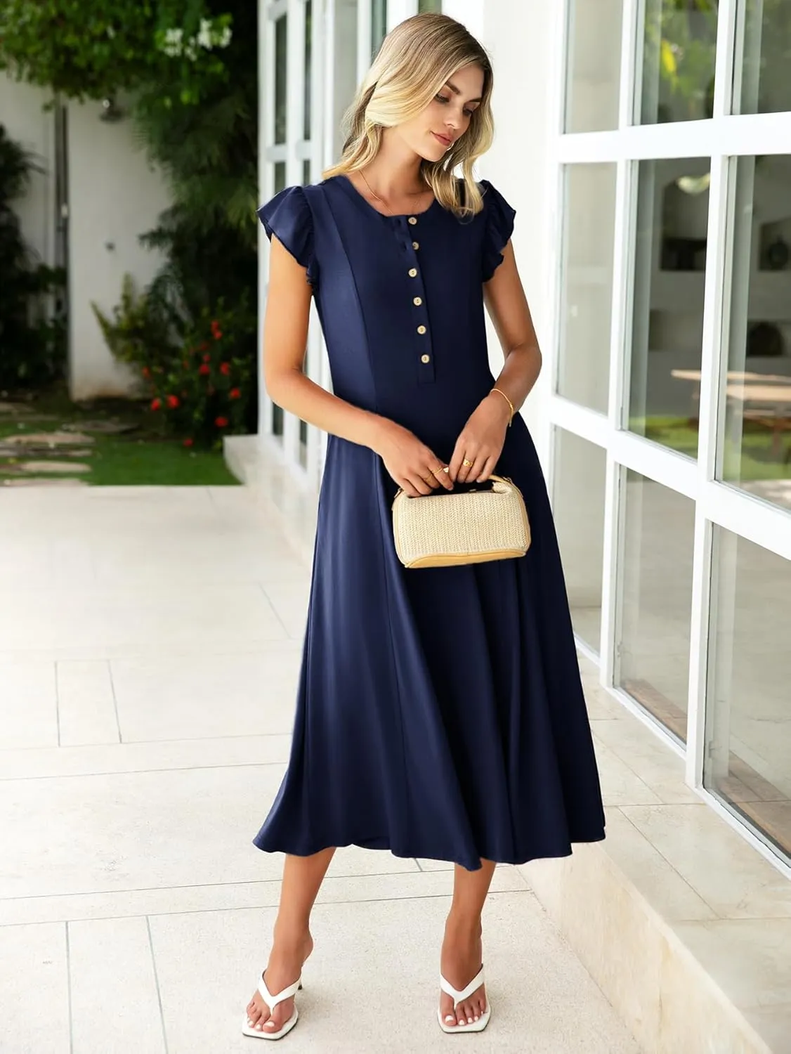 Simplee Womens Summer Casual Dress - Short Sleeve Button Crewneck A-Line Flowy Fit and Flare Beach Midi Dress