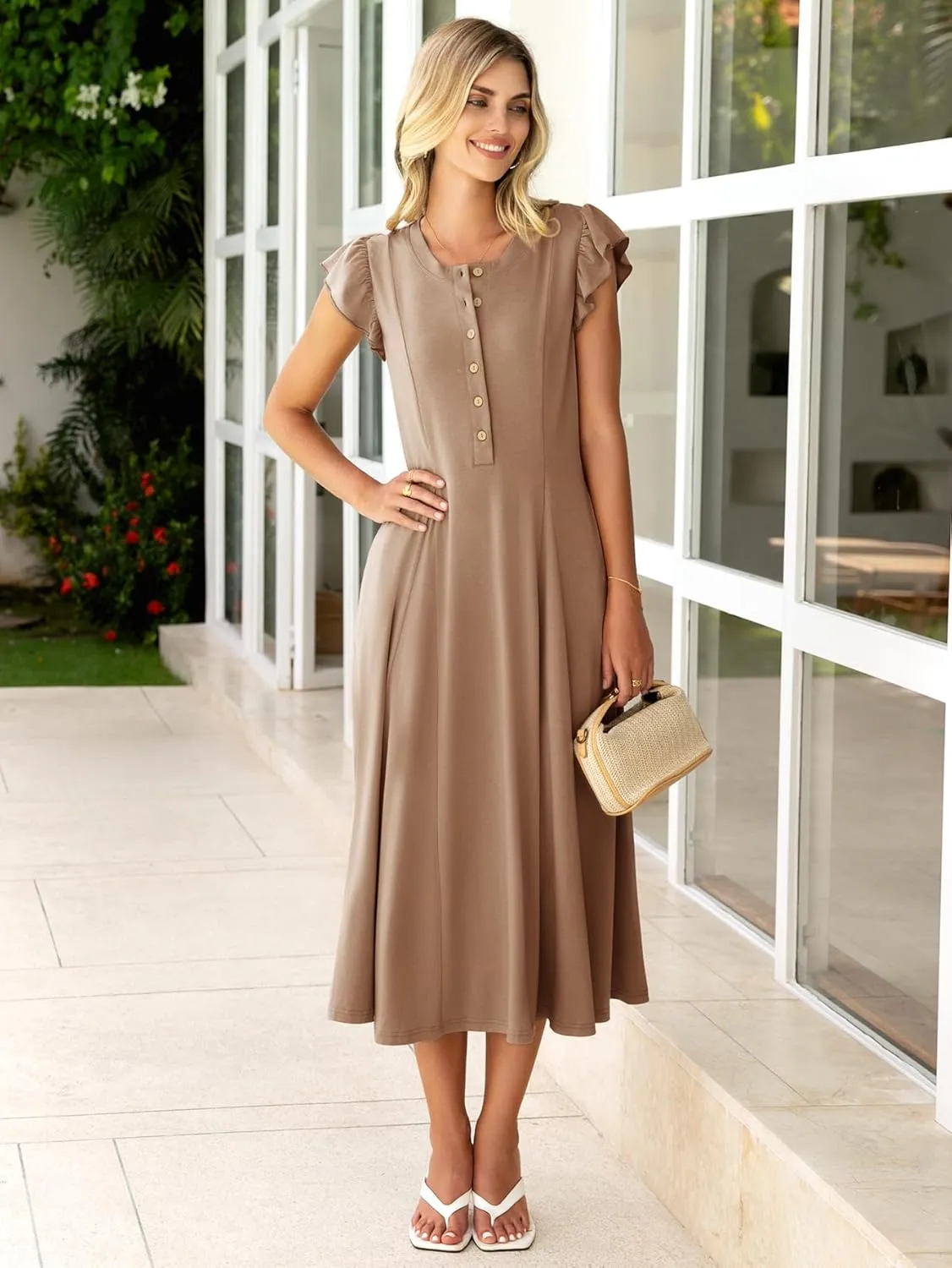 Simplee Womens Summer Casual Dress - Short Sleeve Button Crewneck A-Line Flowy Fit and Flare Beach Midi Dress