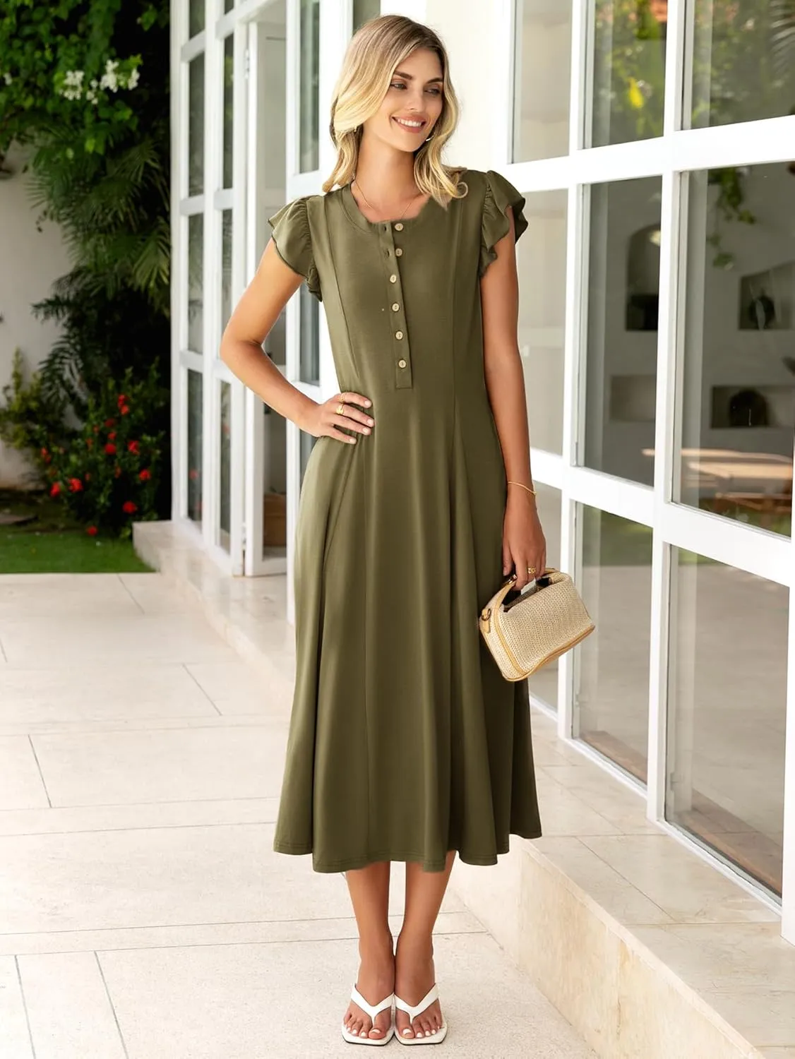 Simplee Womens Summer Casual Dress - Short Sleeve Button Crewneck A-Line Flowy Fit and Flare Beach Midi Dress
