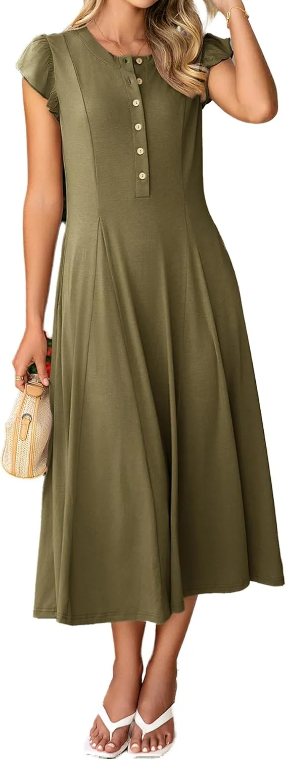 Simplee Womens Summer Casual Dress - Short Sleeve Button Crewneck A-Line Flowy Fit and Flare Beach Midi Dress