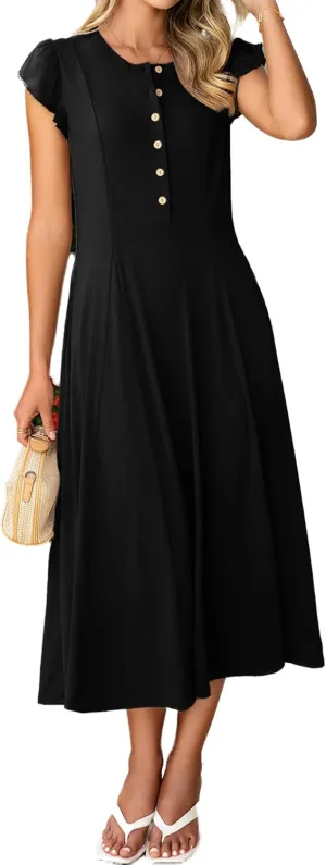 Simplee Womens Summer Casual Dress - Short Sleeve Button Crewneck A-Line Flowy Fit and Flare Beach Midi Dress