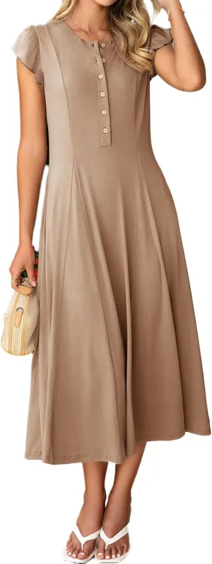 Simplee Womens Summer Casual Dress - Short Sleeve Button Crewneck A-Line Flowy Fit and Flare Beach Midi Dress