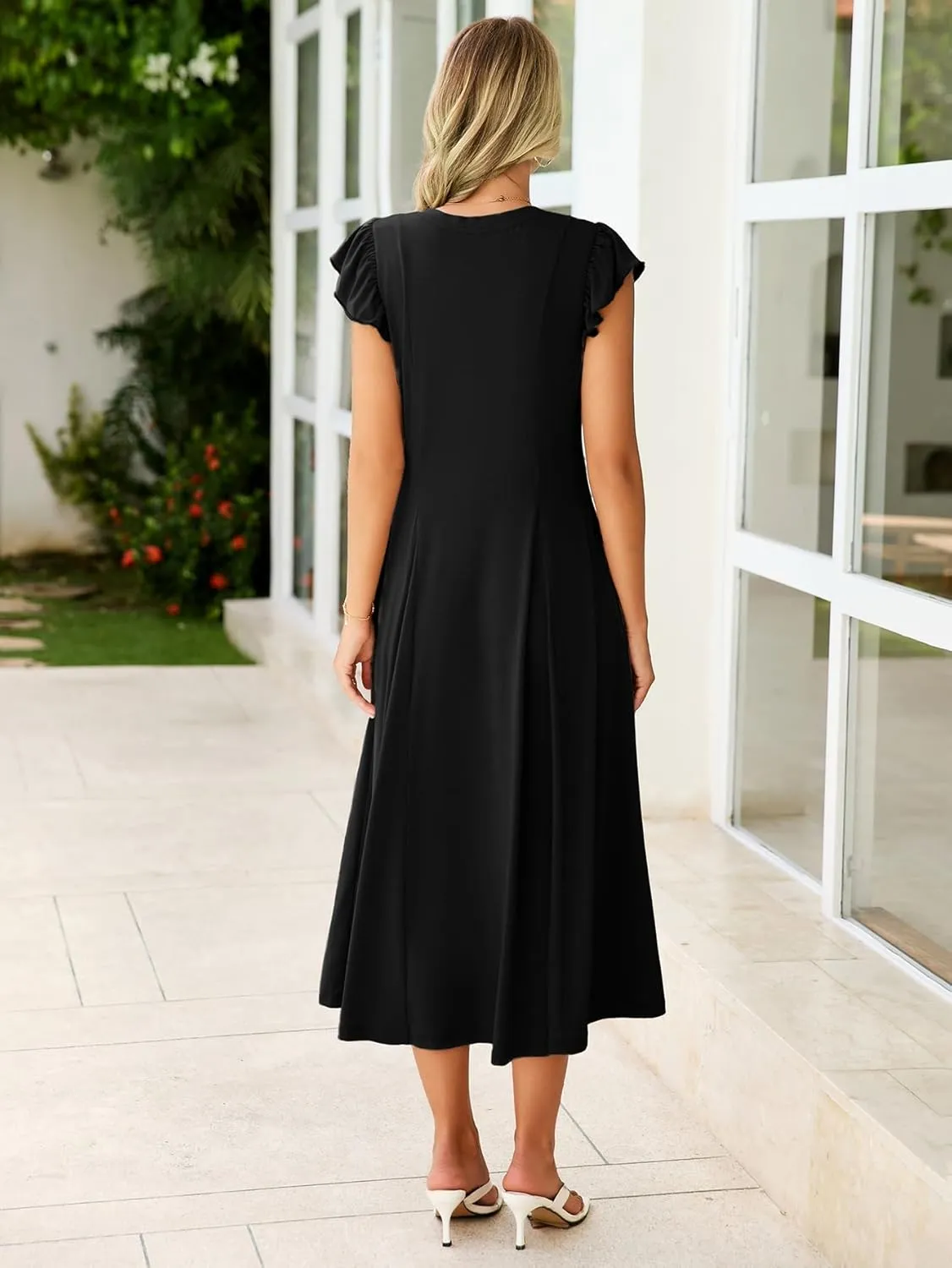 Simplee Womens Summer Casual Dress - Short Sleeve Button Crewneck A-Line Flowy Fit and Flare Beach Midi Dress
