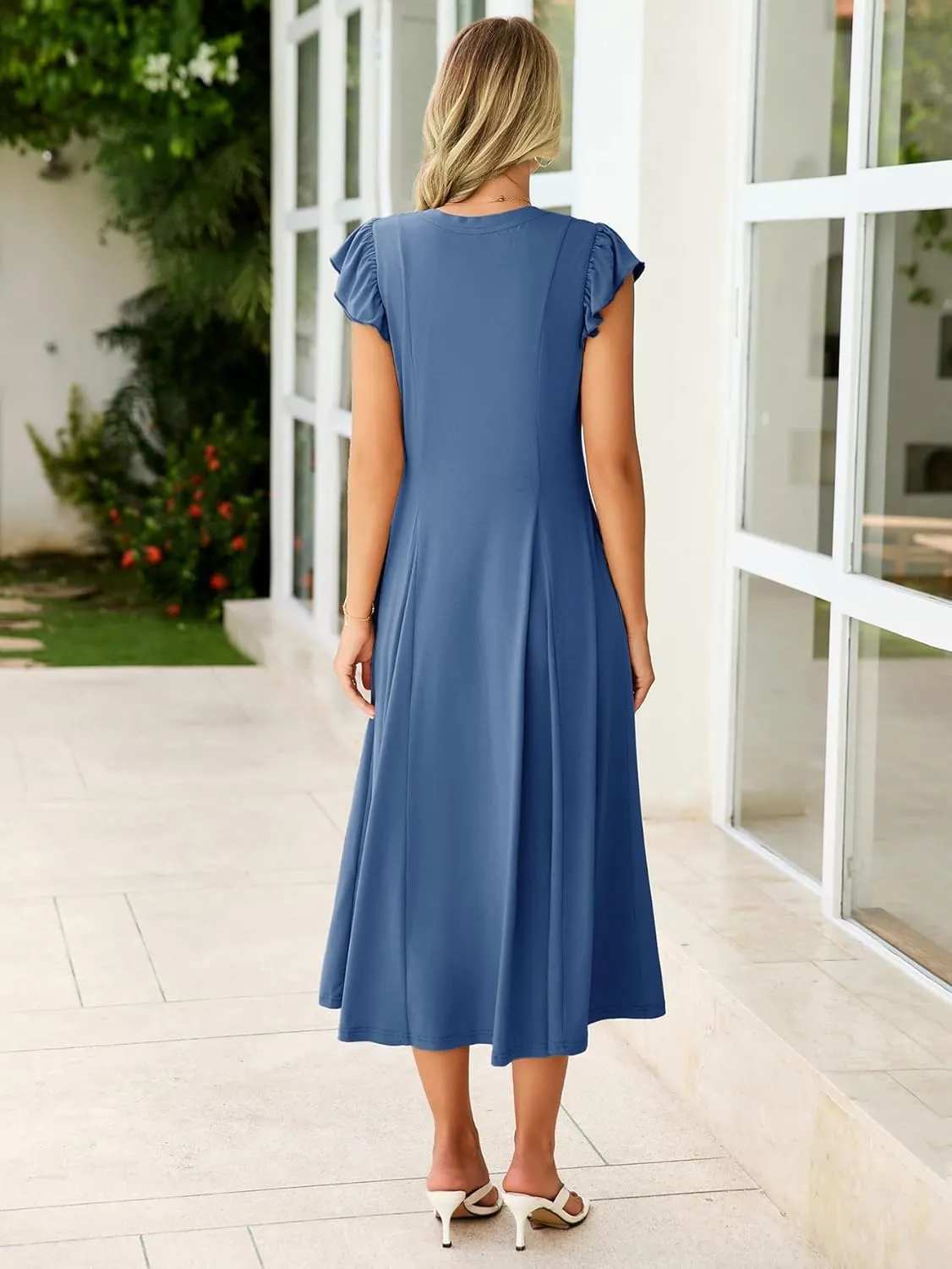 Simplee Womens Summer Casual Dress - Short Sleeve Button Crewneck A-Line Flowy Fit and Flare Beach Midi Dress