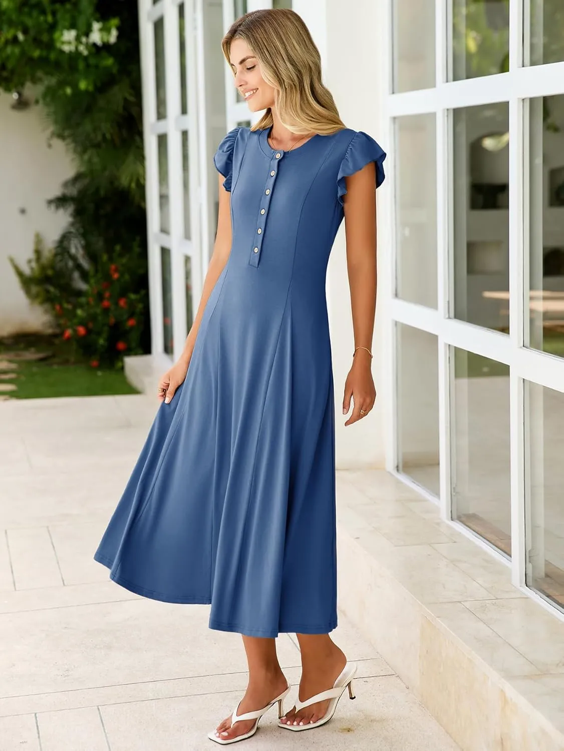 Simplee Womens Summer Casual Dress - Short Sleeve Button Crewneck A-Line Flowy Fit and Flare Beach Midi Dress
