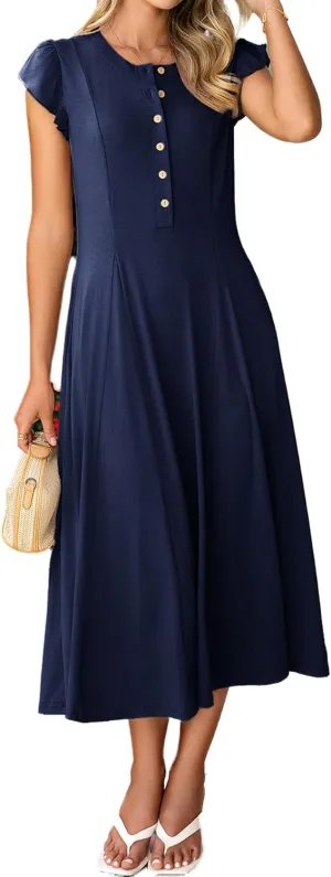 Simplee Womens Summer Casual Dress - Short Sleeve Button Crewneck A-Line Flowy Fit and Flare Beach Midi Dress