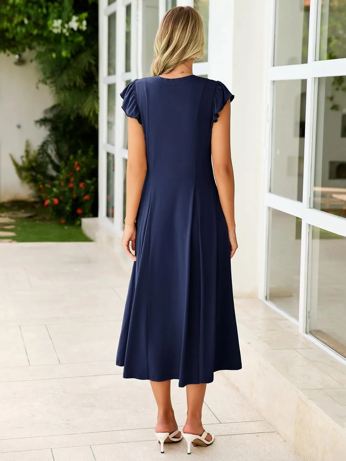 Simplee Womens Summer Casual Dress - Short Sleeve Button Crewneck A-Line Flowy Fit and Flare Beach Midi Dress