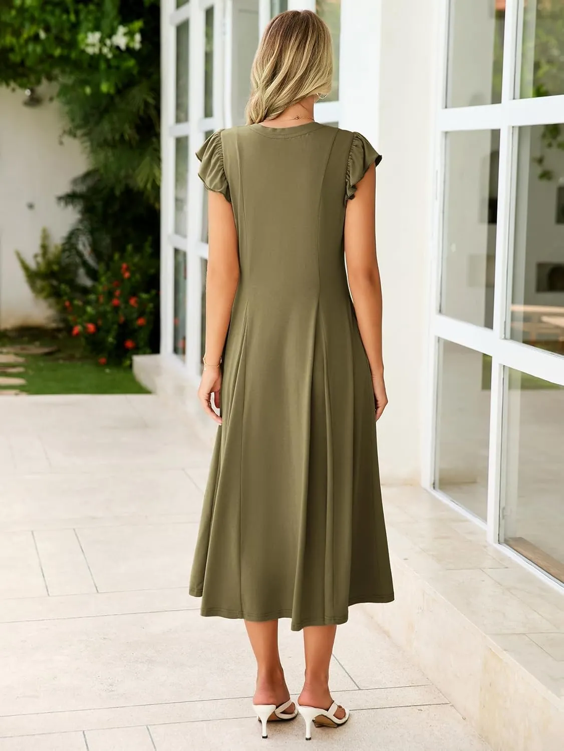 Simplee Womens Summer Casual Dress - Short Sleeve Button Crewneck A-Line Flowy Fit and Flare Beach Midi Dress