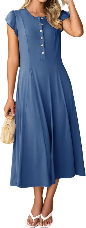 Simplee Womens Summer Casual Dress - Short Sleeve Button Crewneck A-Line Flowy Fit and Flare Beach Midi Dress