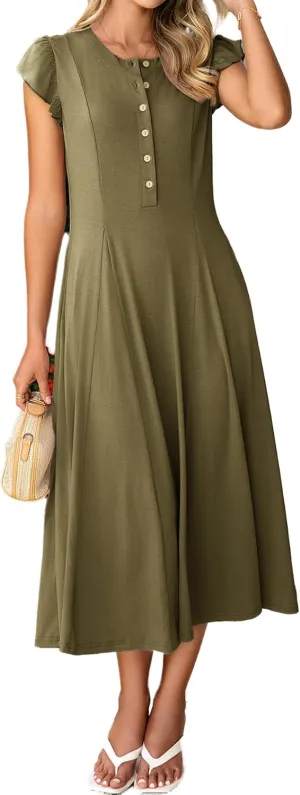 Simplee Womens Summer Casual Dress - Short Sleeve Button Crewneck A-Line Flowy Fit and Flare Beach Midi Dress