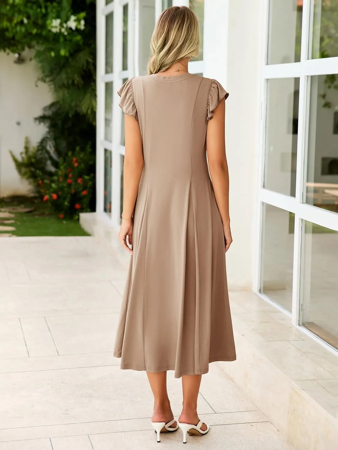 Simplee Womens Summer Casual Dress - Short Sleeve Button Crewneck A-Line Flowy Fit and Flare Beach Midi Dress