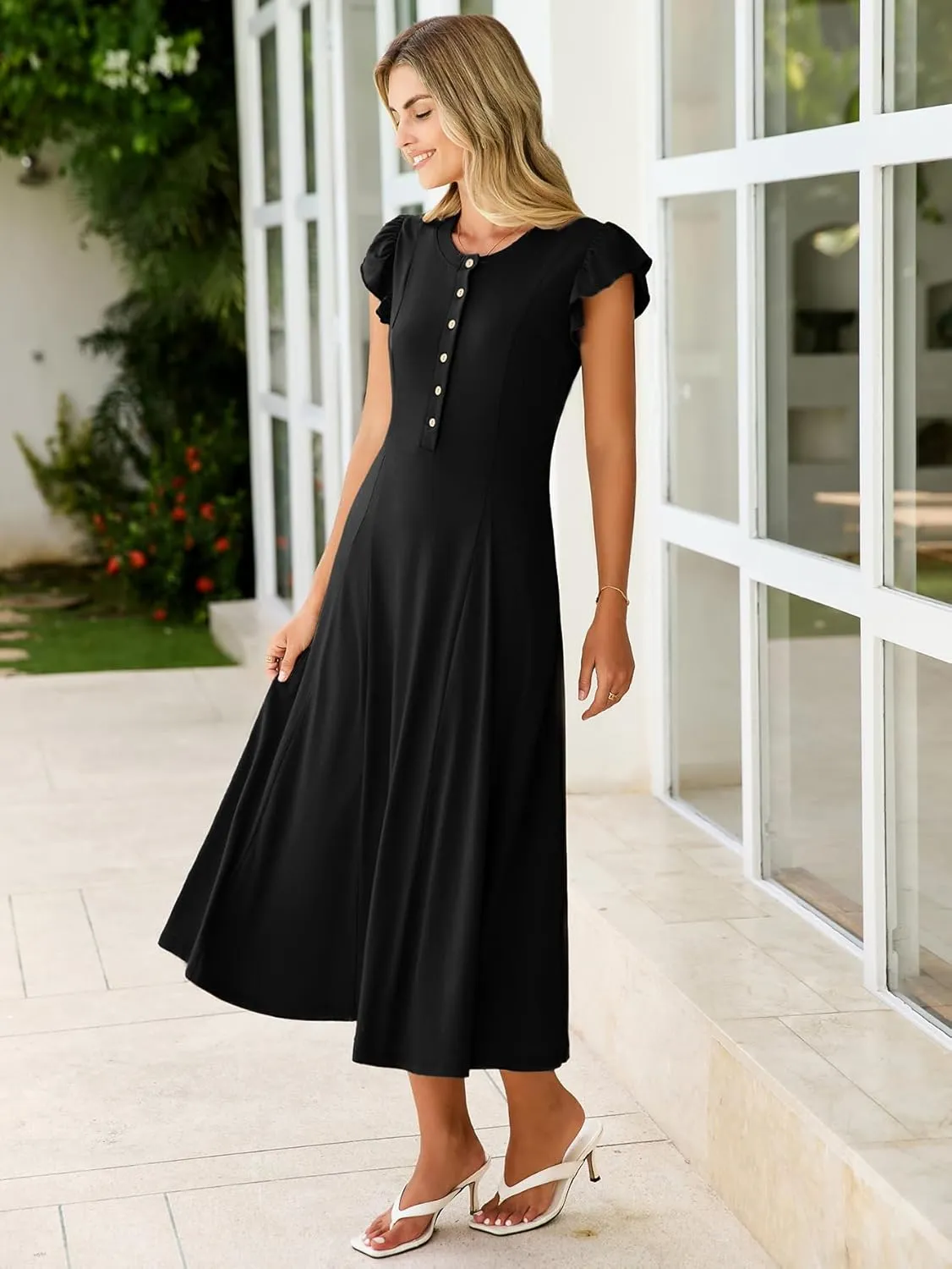Simplee Womens Summer Casual Dress - Short Sleeve Button Crewneck A-Line Flowy Fit and Flare Beach Midi Dress