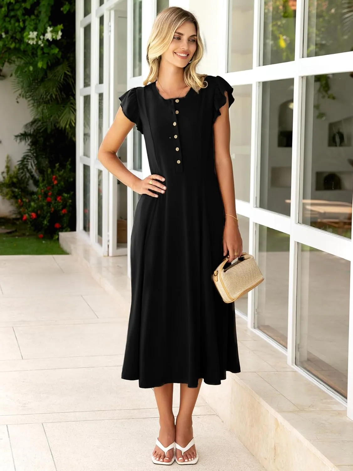 Simplee Womens Summer Casual Dress - Short Sleeve Button Crewneck A-Line Flowy Fit and Flare Beach Midi Dress