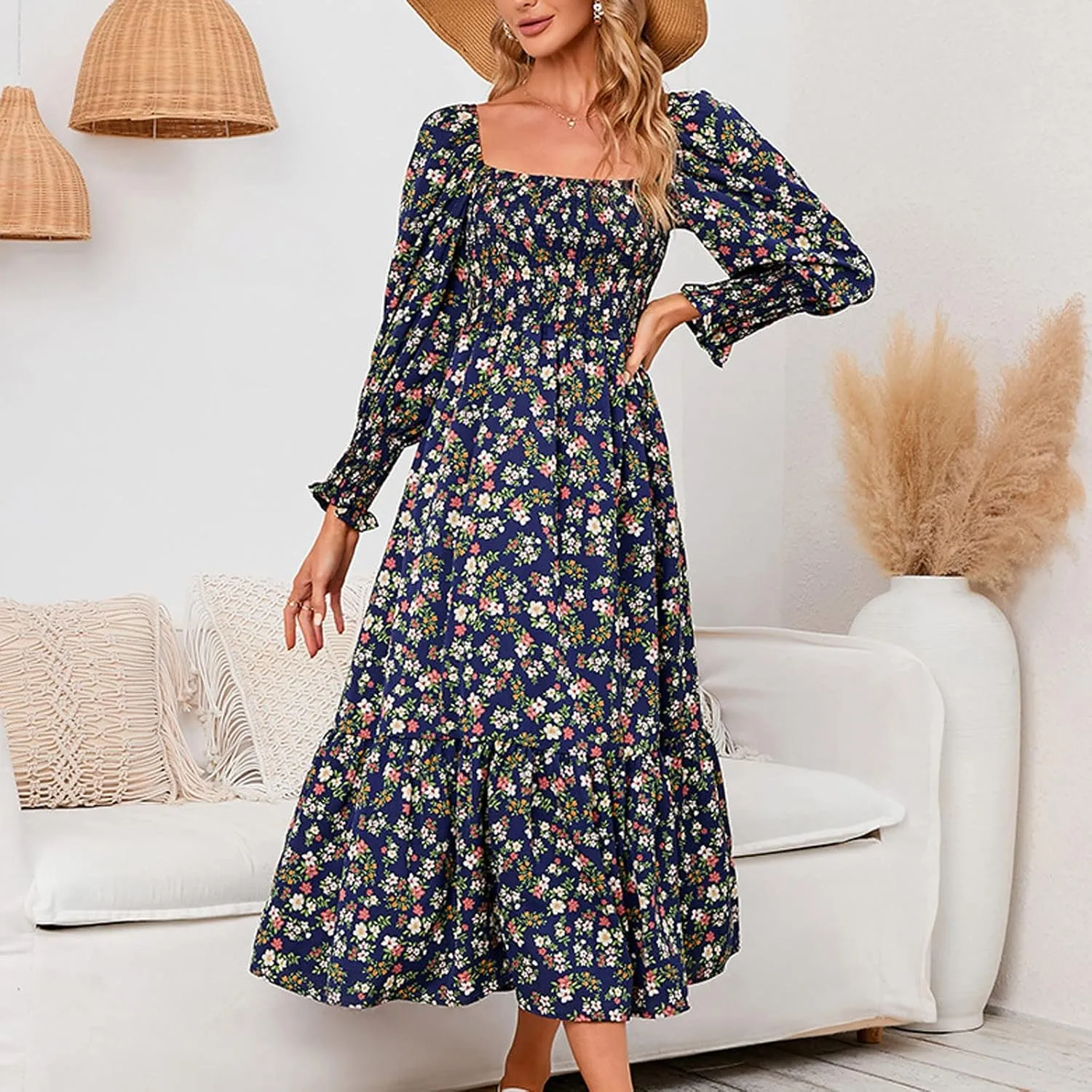 SMIDOW Bohemian Dress for Women Summer 2023 Long Sleeve Square Neck Maxi Dress Smocked Ruffle Flowy Chiffon Beach Sundress